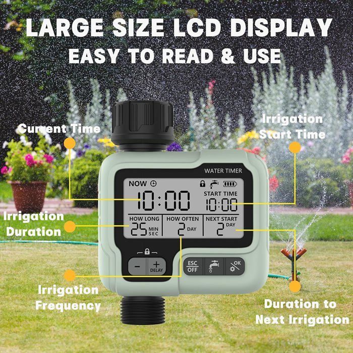 Minuterie d'irrigation Contrôleur d'eau IPX5 Arroseur automatique manuel étanche avec grand écran LCD Installation facile pour balc