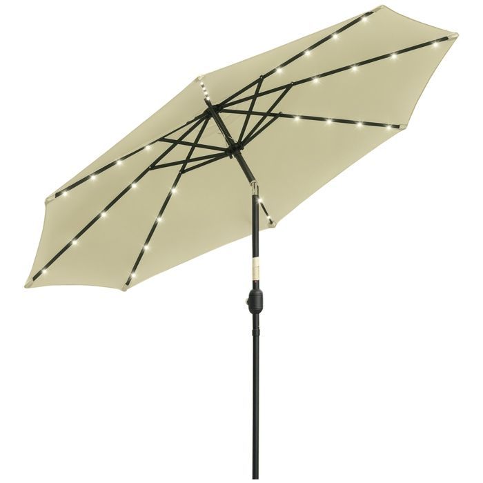 Tuinparasol voor buiten - Outsunny - rond, LED-verlichting op zonne-energie, kantelbaar met slinger, 8 baleinen - Ø 265 x 233 cm - beige
