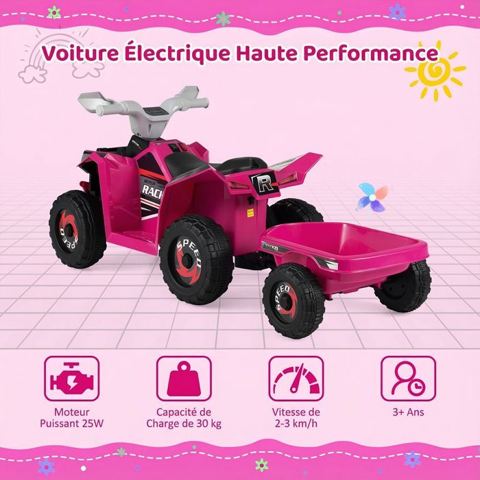 COSTWAY 6V 4,5Ah elektrische quad voor kinderen met afneembare aanhanger, 6 antislipwielen, knop- en pedaalbediening, 30 kg, geschikt voor kinderen vanaf 3 jaar, rood