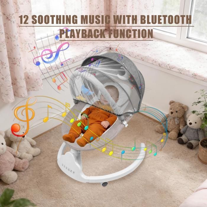 Columpio eléctrico para bebé MIPAN - Con música + control remoto + mosquitera + juguete - Arnés de 4 puntos - Ajustable - Caqui