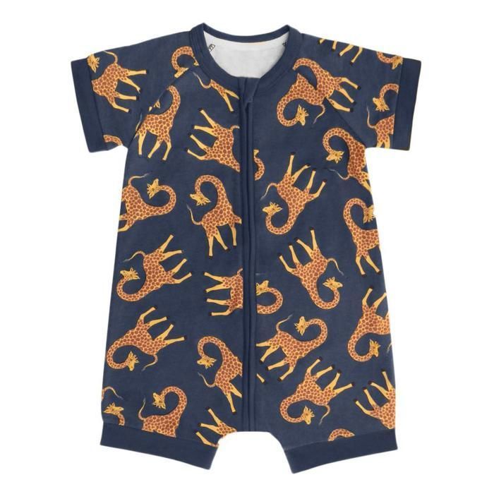 DIM babypyjama met korte mouwen, marineblauw, met giraffeprint, 100% biologisch katoen, tweewegritssluiting