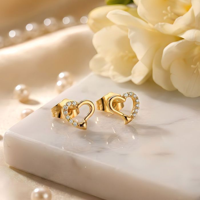 Boucles d’Oreilles - Femme - Puces - Cœur - Plaqué Or Jaune 750/1000 - Zircons Scintillants - 9 x 8 mm