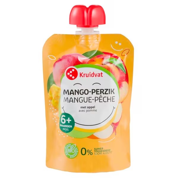 Kruidvat 6+M Organické mango-broskyňa s jablkom, lisované vrecko<br>90g