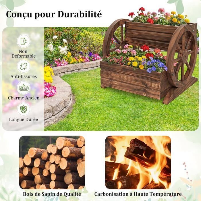 Jardinière Surélevée à 2 Niveaux COSTWAY, Trous de Drainage, Roues, Bac à Plantes en Bois en Forme Chariot pour Intérieur Extérieur