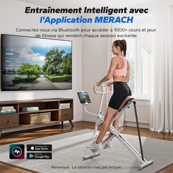 Machine à Squat et Rameur MERACH, Résistance Réglable, 160 kg, Écran LCD, Support de Téléphone, Pour Abdos/Jambes/Dos, Blanc