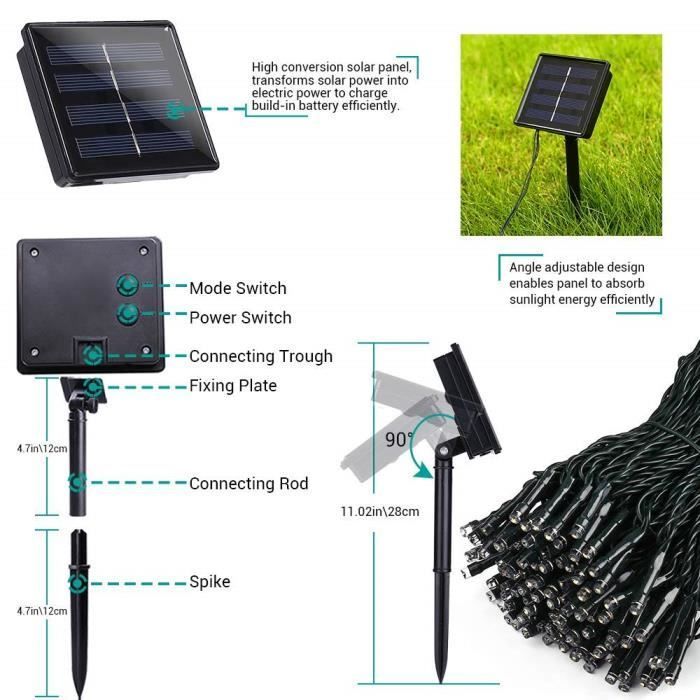 1 unidad de guirnalda de luces solares para exteriores, 20 m, 200 LED, impermeable, 8 modos de iluminación, lámparas decorativas para exteriores.