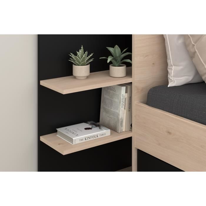 HORN Adult Bed 140 x 190/200 cm - With Storage Drawer - Oak and Black Finish – PARISOT