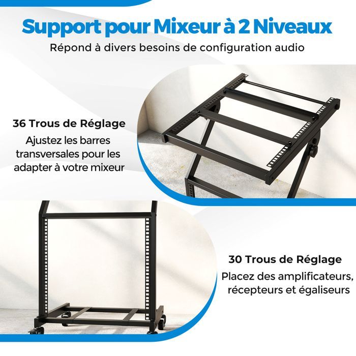 Soporte de audio profesional de 2 niveles COSTWAY, soporte para mezclador de DJ de 9U, barras ajustables, ruedas con bloqueo.