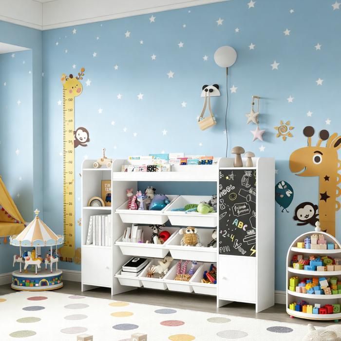 Mueble de almacenamiento de juguetes infantiles, estantería infantil con 8 cajas y estantes extraíbles, estantería infantil de 137x30x94 cm, blanca.