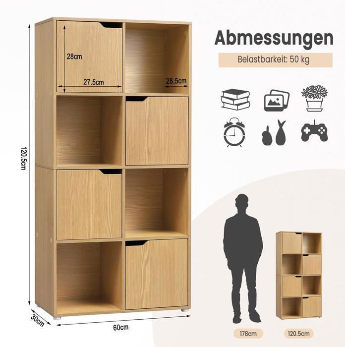 Estantería WOLTU, unidad de almacenamiento, 8 cubos de almacenamiento, 4 puertas, madera de ingeniería, 60x30x120cm, roble claro W0ATT0297