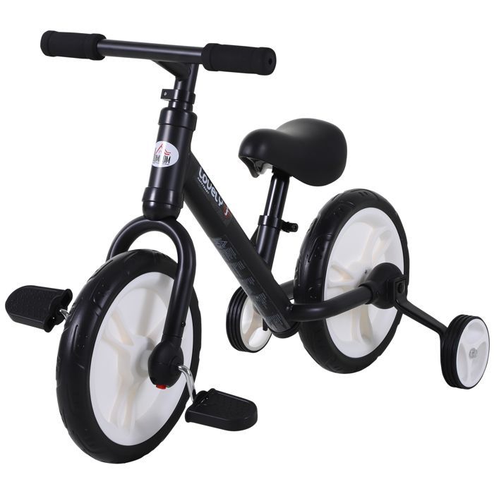 2-in-1 balance bike for children - HOMCOM - removable training wheels and pedals - adjustable seat height - for children 2-5 years old - black steel