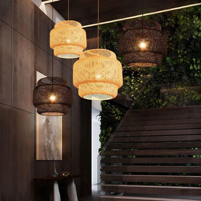 WOTTES Lustre Suspension Luminaire, Suspension Bambou Rotin, Noir, Ø30*35cm, 1PCS pour Chambre Salle à Manger Cuisine