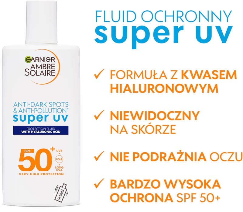 Garnier Ambre Solaire Super UV hialurono rūgšties lengvas apsauginis skystis su drėkinamuoju poveikiu