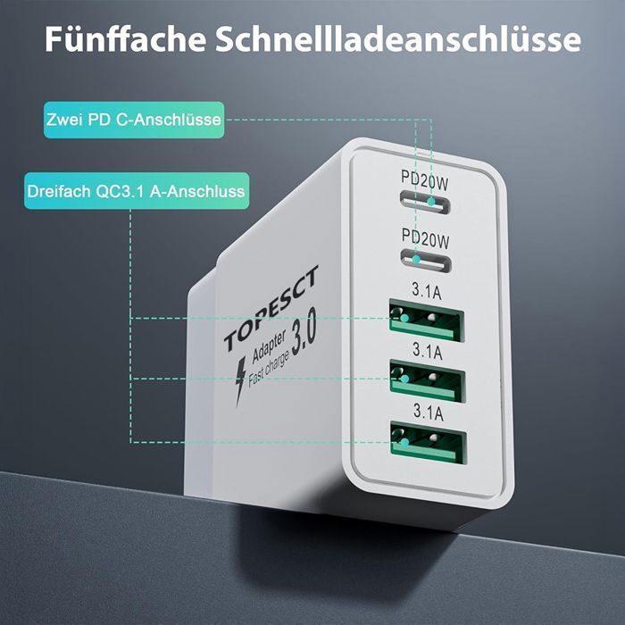 Cargador USB-C, 40 W, 4 puertos USB-C, bloque de carga rápida PD+QC de doble puerto, cargador multipuerto tipo C compatible con iPhone - TOPESCT