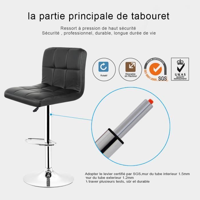 Lot de 2 Tabouret de Bar Bistrot Cuisine - Chaise de bar en Simili Noir - Hauteur réglable 55cm-75cm