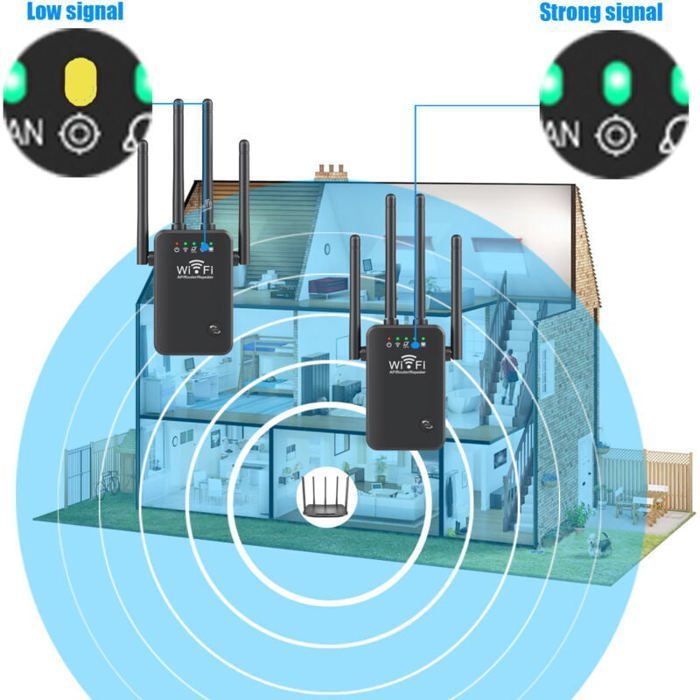 Ripetitore WiFi wireless con 4 antenne, WiFi 2.4G, estensore di portata 300M, amplificatore di segnale a lungo raggio, nero. PZCC