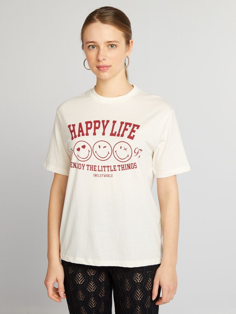 Oversized T-shirt met ronde hals en smileyprint - BEIGE