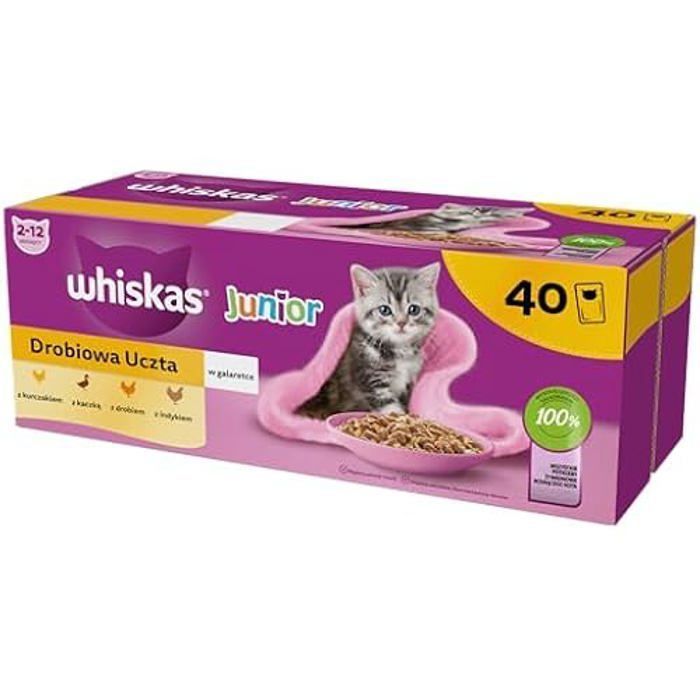 WHISKAS Junior Wet Cat Food - Poultry - 40 x 85g Pouches - Nutritious Pate
