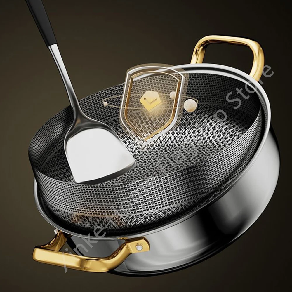 Poêle à frire antiadhésive en acier inoxydable de 30 cm avec couvercle, type wok, revêtement nid d'abeille, compatible avec les plaques à induction et à gaz.