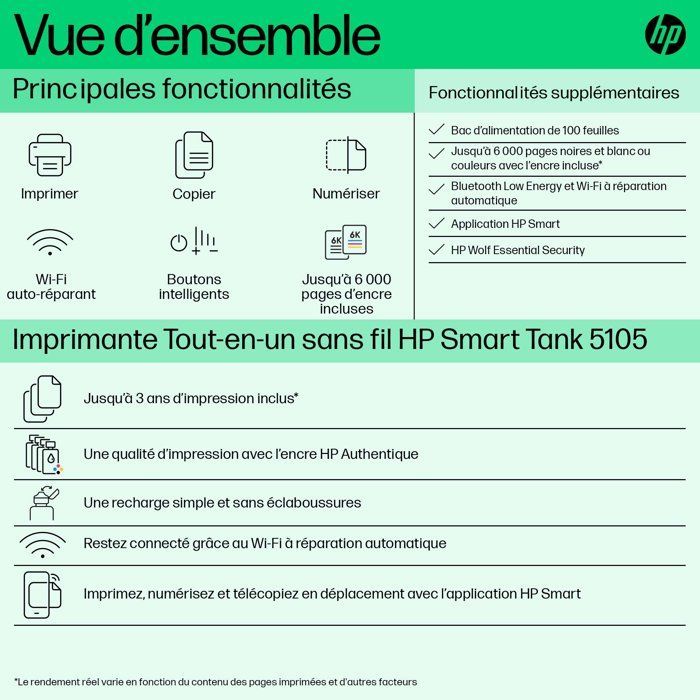 Imprimante Multifonction - HP - Smart Tank 5105 – Wi-Fi et Bluetooth - Réservoir d’encre – Couleurs