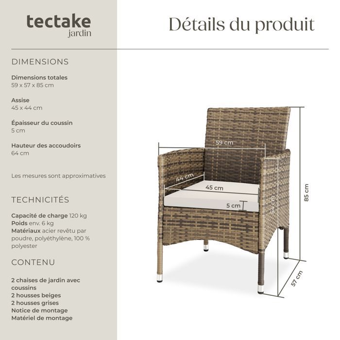 Sedie da giardino - TECTAKE - Set di 2 sedie da giardino in rattan NANTES, set di 2 fodere incluse - Marrone naturale/Grigio scuro