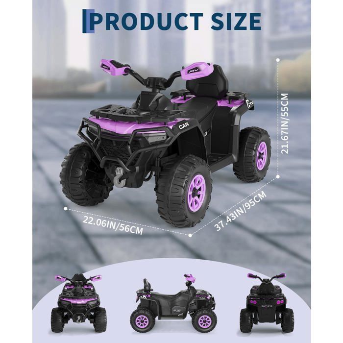Coche eléctrico infantil de 12 V - 2 motores de 35 W, mando a distancia, luces LED, música, Bluetooth, USB, bandera luminosa, a partir de 3 años - Morado