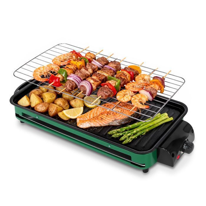 Plancha eléctrica multifuncional con termostato ajustable, bandeja recogegrasa, placa antiadherente y parrilla metálica para barbacoa - 46 x 22 cm
