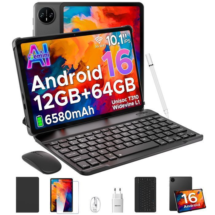 DOOGEE Tab A9 10.1-inch Android Tablet with Keyboard and Stylus, 16GB RAM + 64GB Storage, 6580mAh Battery, Face ID, 5G WiFi - Black
