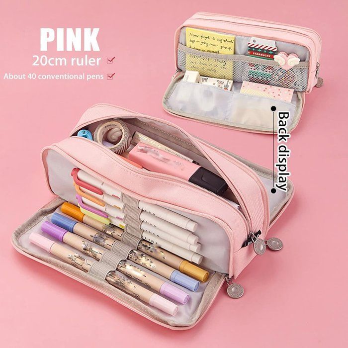 Pink 3-compartment pencil case, for school/office/makeup/business cards.