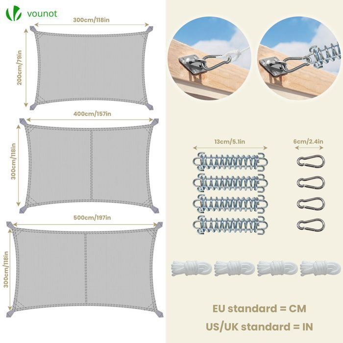 Vela de sombra rectangular impermeable de poliéster VOUNOT® con kit de montaje, 3x4 m, gris claro