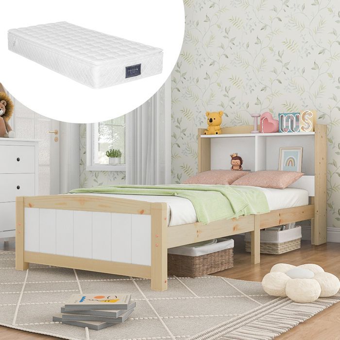 Cama infantil de madera maciza de 90x200 cm con colchón, estructura con somier de láminas de pino, individual, color natural y blanco.
