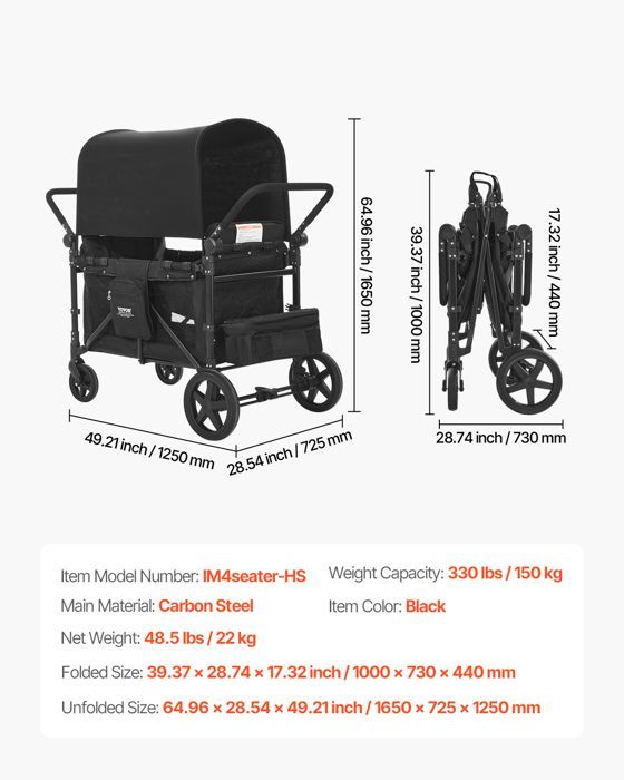 Chariot de Transport Enfant-VEVOR-Charge 150 kg-avec Poignée Réglable-Poussette 4 Places pour Camping-Noir