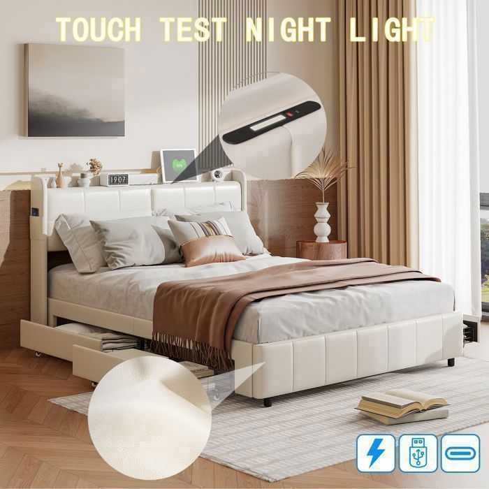 Conjunto completo de quarto adulto, base de cama 160x200 cm, cama de casal, cama com arrumação 160x200 cm, cama, porta USB, 4 gavetas, arrumação, estofado, PU, branco