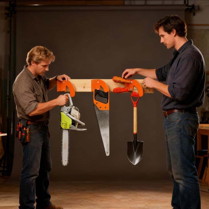 Supporto a parete per motosega – per riporre cavi, tubi e pale – ideale per officina, garage e giardino – salvaspazio.