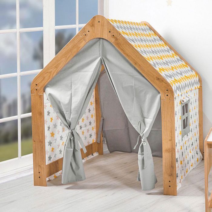 Cozy Kids - Casetta da gioco in legno per bambini con tenda in tessuto - Casetta da gioco Montessori per interni, gialla e grigia