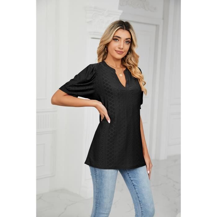 T-shirt Femme Col V Manches courtes Ciselé - Noir - INSFITY - 65% Rayonne, 30% Polyester, 5% Elasthanne