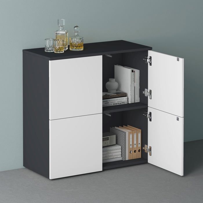 Mai & Mai Meuble de Rangement avec 4 Portes et 4 Compartiments Gris Noir Mat + Blanc Mat 76x36,4x74 cm SR04