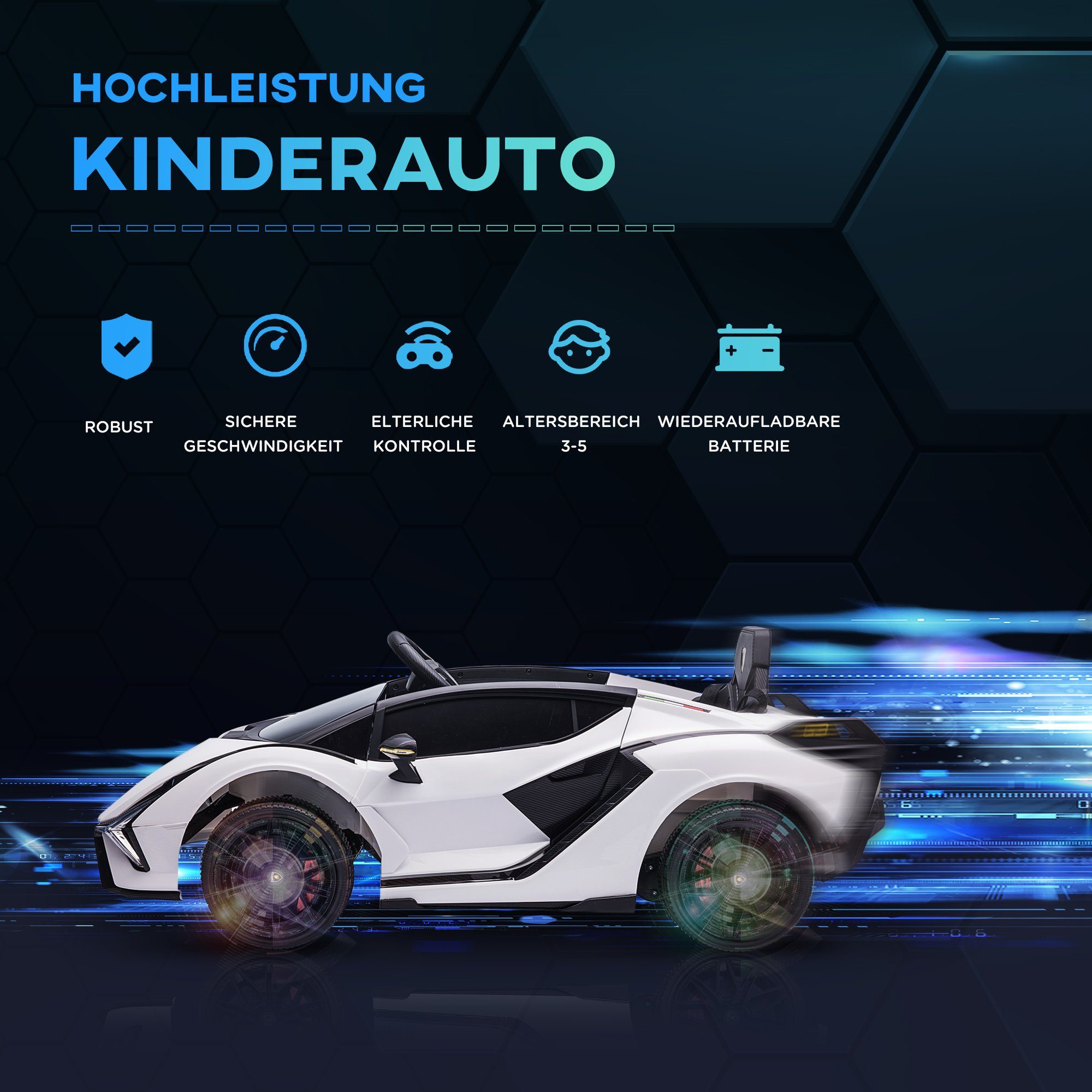 HOMCOM elektrisches Kinderauto, extra breite Reifen, Musik (MP3/USB), Licht, PP-Metall, Tragkraft 25 kg, (1 Stück), 108 x 62 x 40 cm (L x B x H)