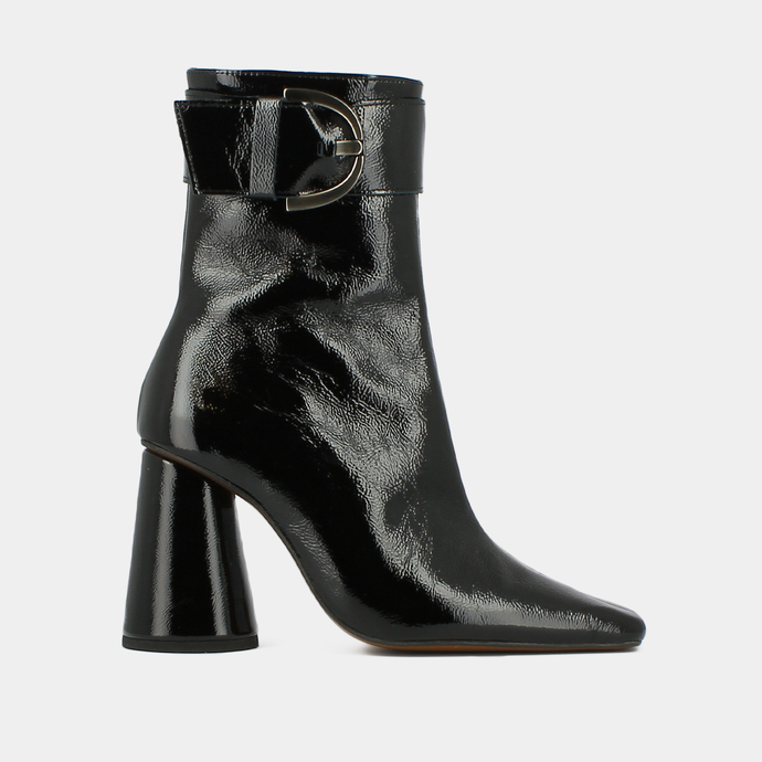 Boots à talons hauts, boucles et bouts r...  en cuir vernis plissé noir