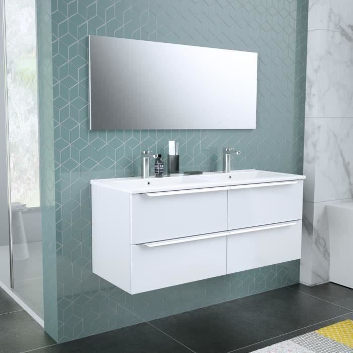 Double sink bathroom vanity unit with mirror, 120cm wide - 4 drawers - Glossy white lacquer - ZOOM