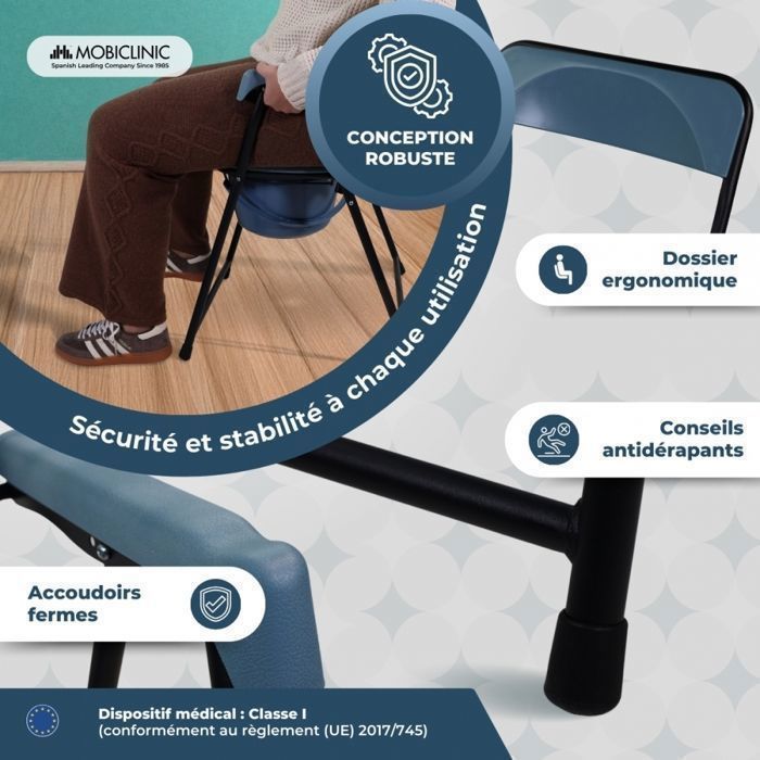 Silla de baño plegable Mobiclinic, altura regulable, asiento ergonómico, reposabrazos acolchados, Timón