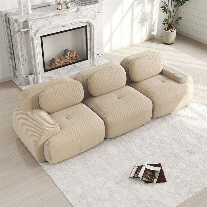 Divano modulare a 3 posti DRIPEX in velluto a coste, non richiede montaggio, braccioli ergonomici, completamente comprimibile, beige.