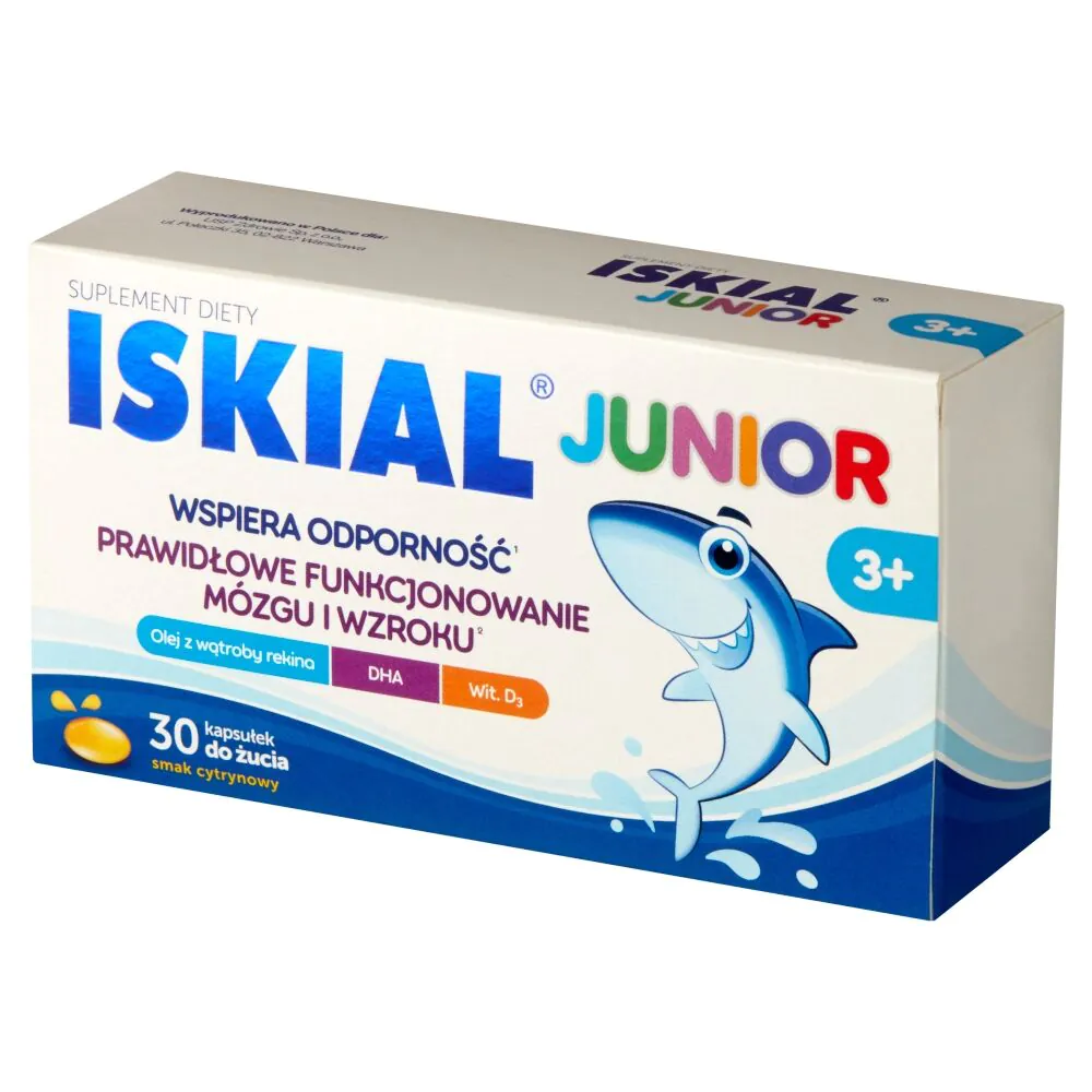Iskial Junior, Wsparcie odporności dla dzieci od 3. roku życia, Kapsułki do żucia, Smak cytrynowy