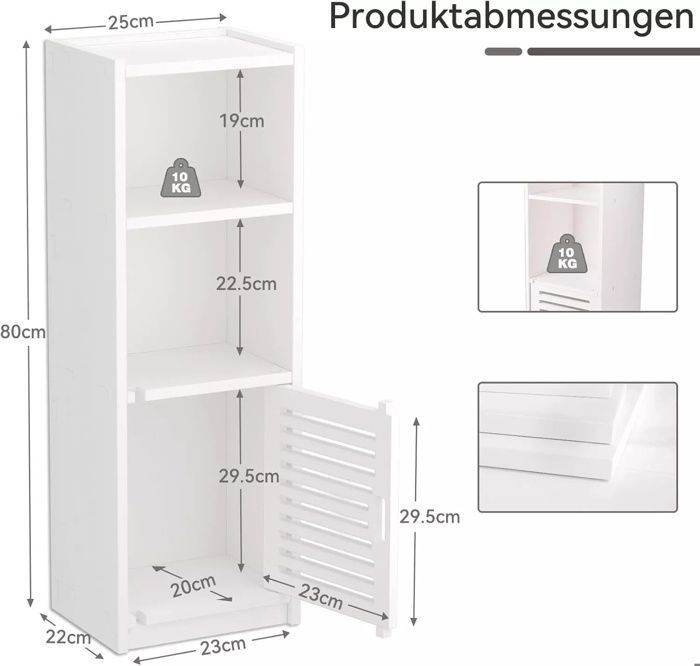 Armario de baño tipo columna con 2 compartimentos abiertos, 3 estantes, 1 puerta, armario multifuncional, 25x22x80cm, blanco