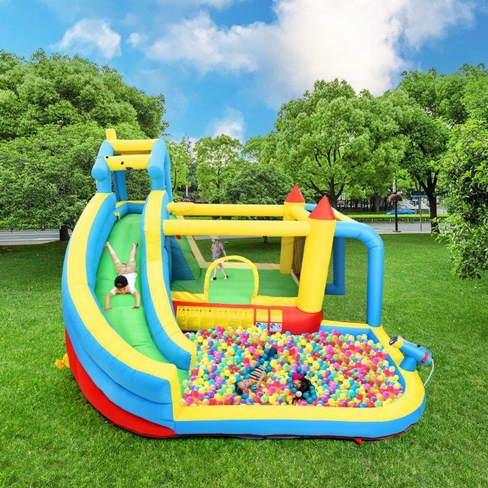 Opblaasbaar kasteel voor kinderen, opblaasbare speelruimte met blower, glijbaan, trampoline, zwembad, waterpistool, klimrek voor kinderen van 3 tot 10 jaar.