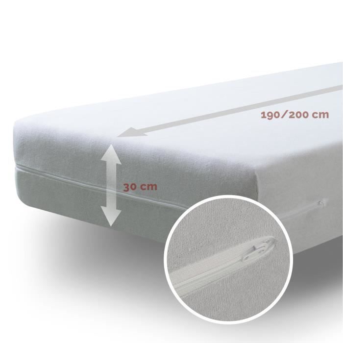 Housse de matelas - TURAL - 160x190/200cm - Tissu éponge 100% coton - Fermeture éclair - Anti-chaleur