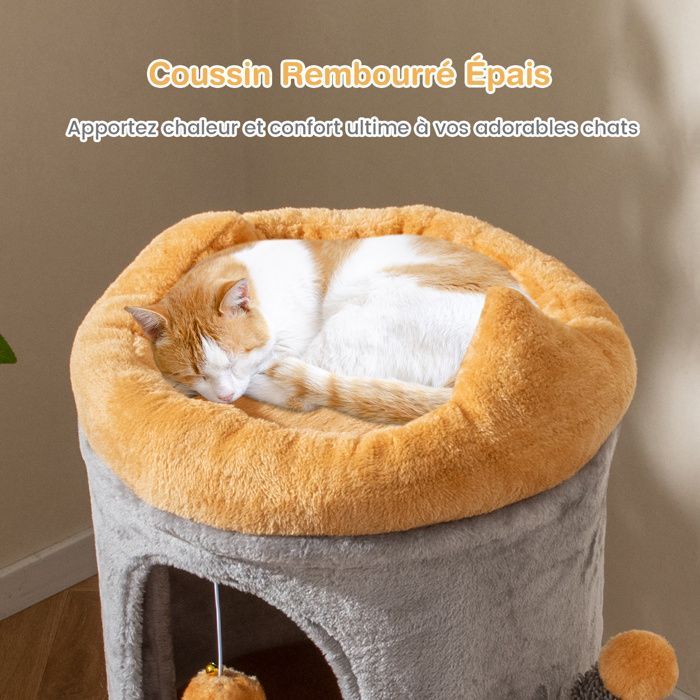 COSTWAY Lindo rascador para gatos de 2 niveles, 2 casitas, 2 pelotas de peluche colgantes, percha superior, escondite en forma de barril.