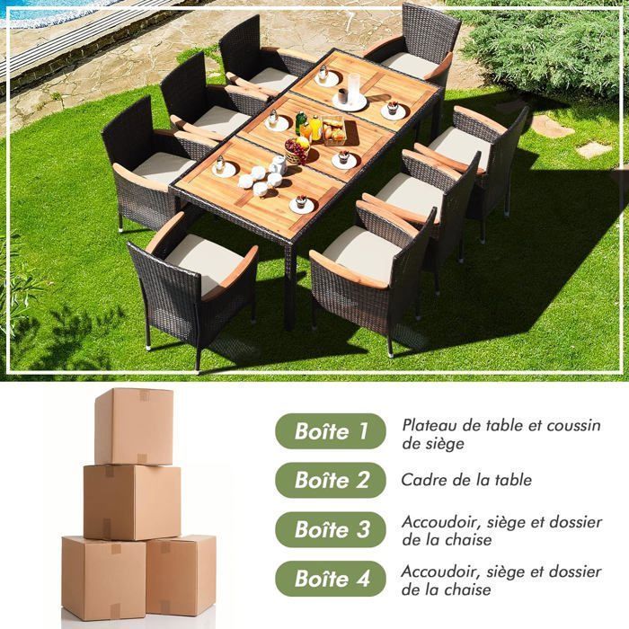 COSTWAY 8-Seater Rattan Garden Furniture Set, 1 Table and 8 Stackable Acacia Wood Chairs, Removable Cushions, Black