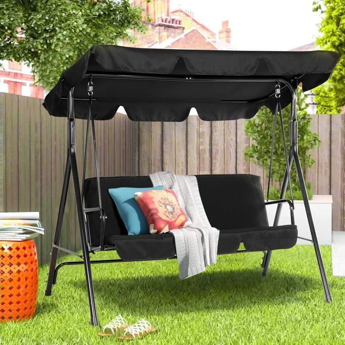 Columpio de jardín YODOLLA de 3 plazas - Toldo impermeable ajustable, cojín extraíble, para jardín y patio, 172x112x150 cm, negro