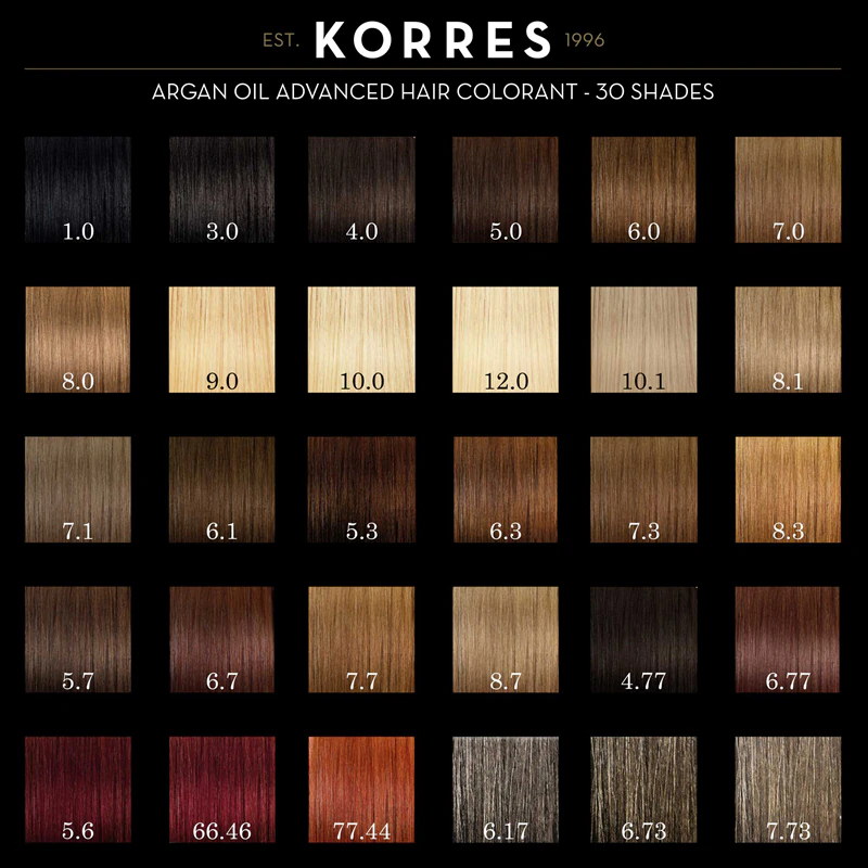 Corante permanente para cabelo Korres com óleo de argan.